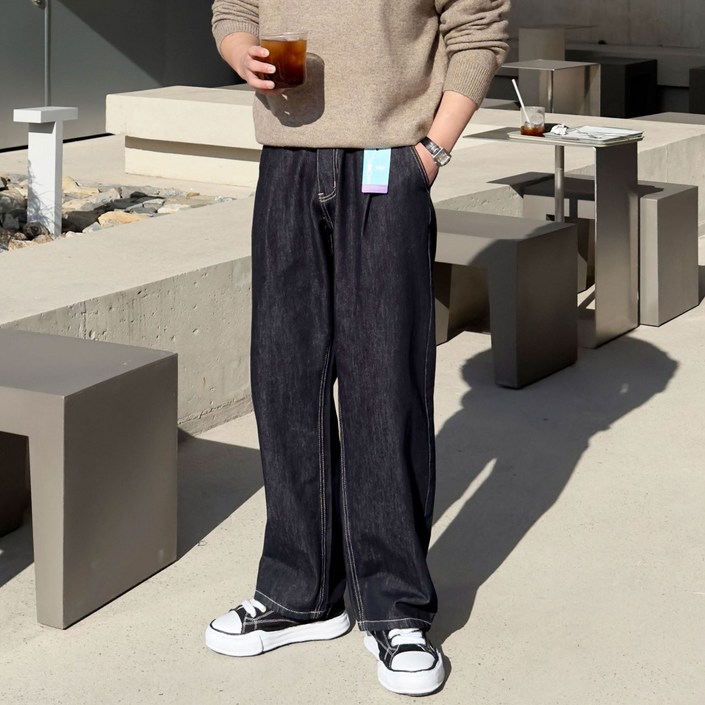 코튼 이염없는 논페이드 히든밴딩 핀턱 생지 와이드 데님팬츠 청바지 2color