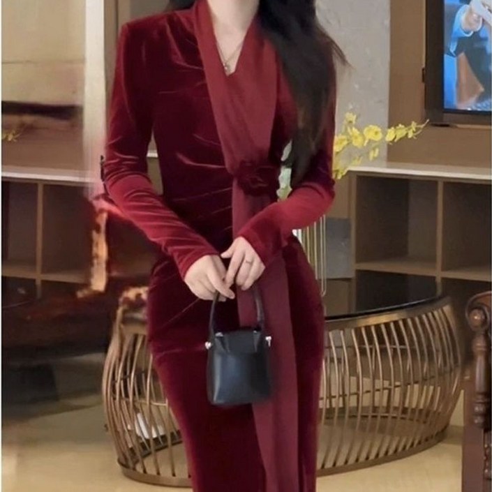 페이준 여성 가을 겨울 일자 긴팔 원피스 긴팔 슬림 입체 꽃 캐주얼 롱 스커트 LN1175