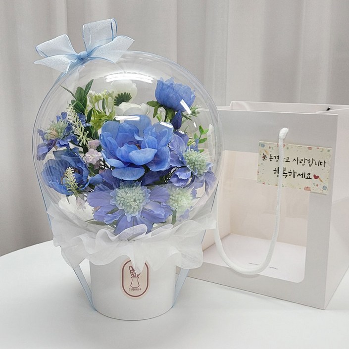 수비니샵 파스텔블루 아크릴꽃풍선 터지지않는 레터링풍선 칠순 환갑 졸업식 꽃다발 쇼핑백증정, 1개, 파스텔블루 아크릴꽃풍선