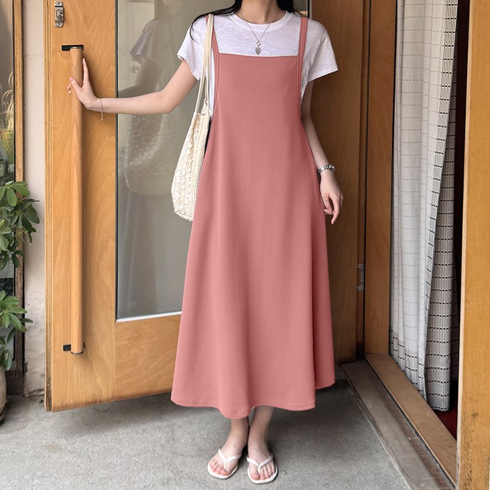 데일리앤 타르트 시원한 엠보 플레어 레이어드 멜빵 뷔스티에 끈 나시 롱 원피스 여름