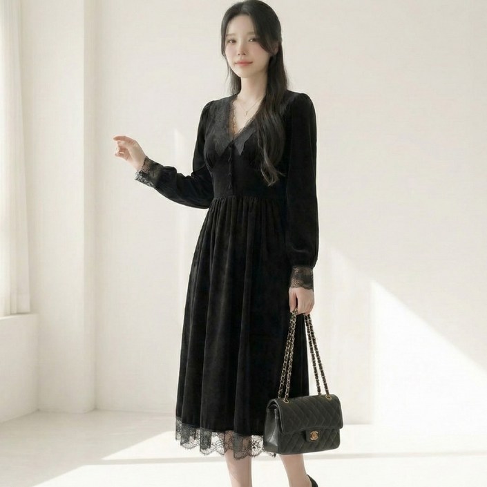 빅사이즈 여성 레이스 벨벳 롱원피스 D119-6 러센드 봄가을용