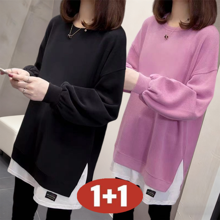 오스틱니 110kg까지 빅사이즈 11 날씬해보이는 라운드 레이어드 맨투맨 여성 봄 가을 편한 무지 트임 심플 루즈핏 이너 bf 롱티셔츠 롱티 긴팔티 간절기 맨투맨티 데일리 풀오버