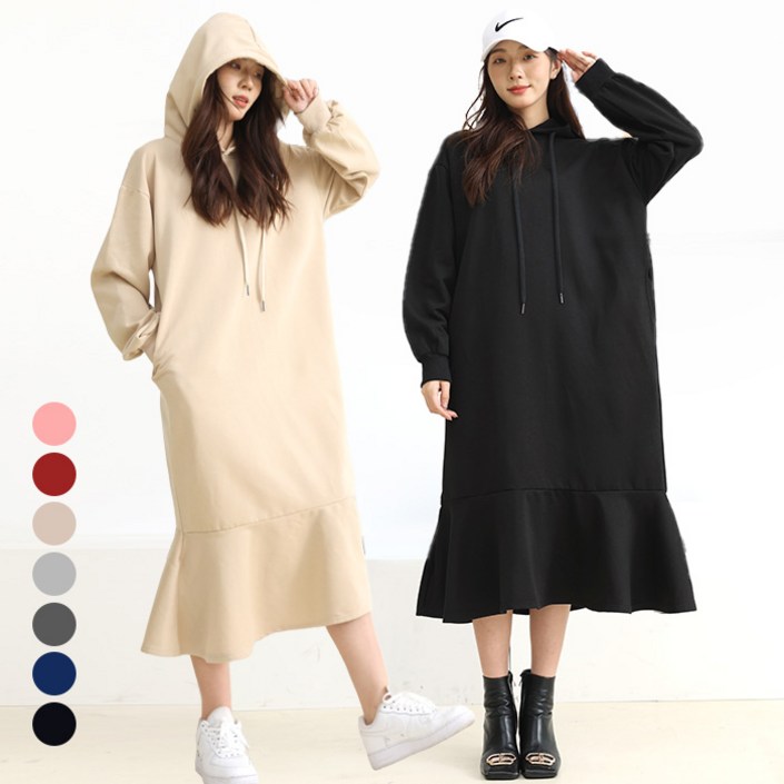텐클로 빅사이즈 (44~130) 여성 기모 루즈핏 후드 웨이브 맨투맨 롱 원피스