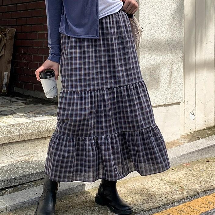 55110 체크 프릴 캉캉 롱 스커트 여성 빅사이즈 여자 플러스사이즈