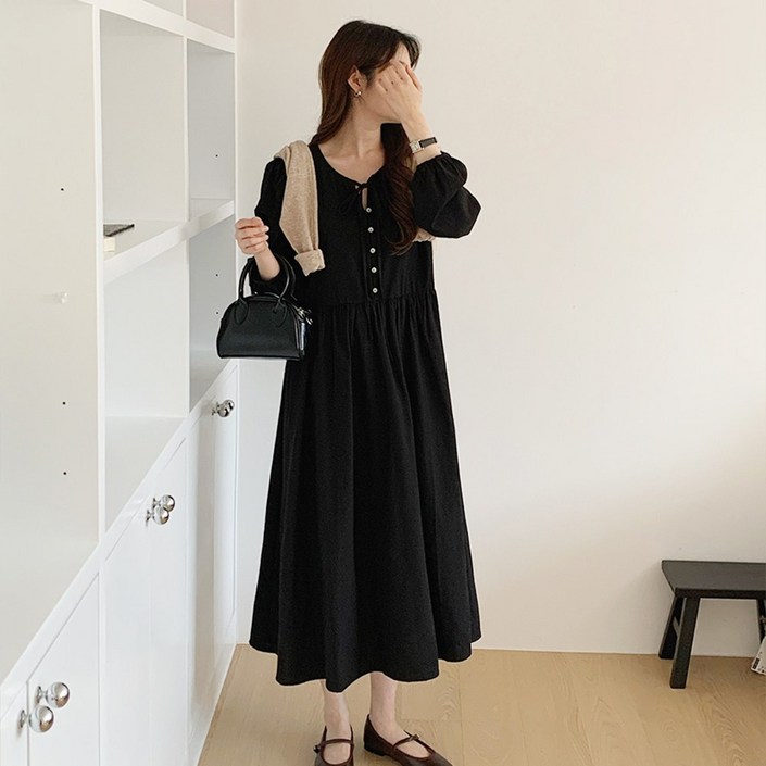 [SML사이즈]여성 루즈핏 베이비돌 리본 롱 원피스 오버핏 롱 리폰원피스 하객룩 데이트룩 빅사이즈