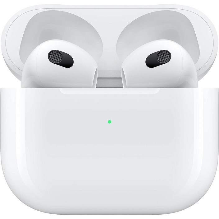 라이트닝 충전 케이스 포함 Apple AirPods3세대 무선 이어버드. 공간 오디오, 땀과 물에 강함, 최대 30시간의 배터리 수명. iPhone용 블루투스 헤드폰 라이트닝 충전 케이스 포함 Apple AirPods3세대 무선 이어버드. 공간 오디오, 땀과 물에 강함, 최대 30시간의 배터리 수명. iPhone용 블루투스 헤드폰