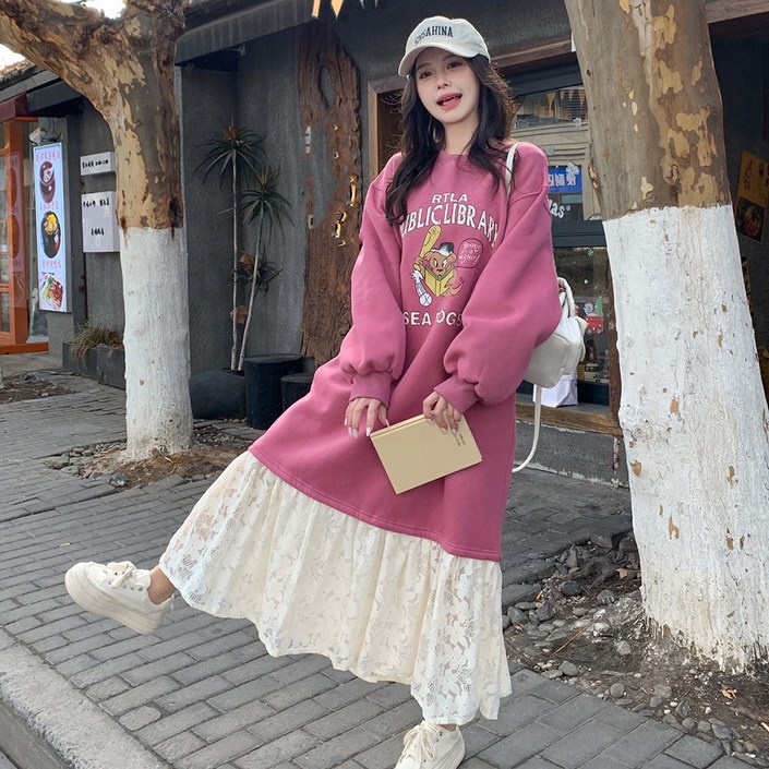 지고다그 여성 롱 맨투맨 원피스 레이스 배색 빅사이즈 감각적인 스타일 SX71144