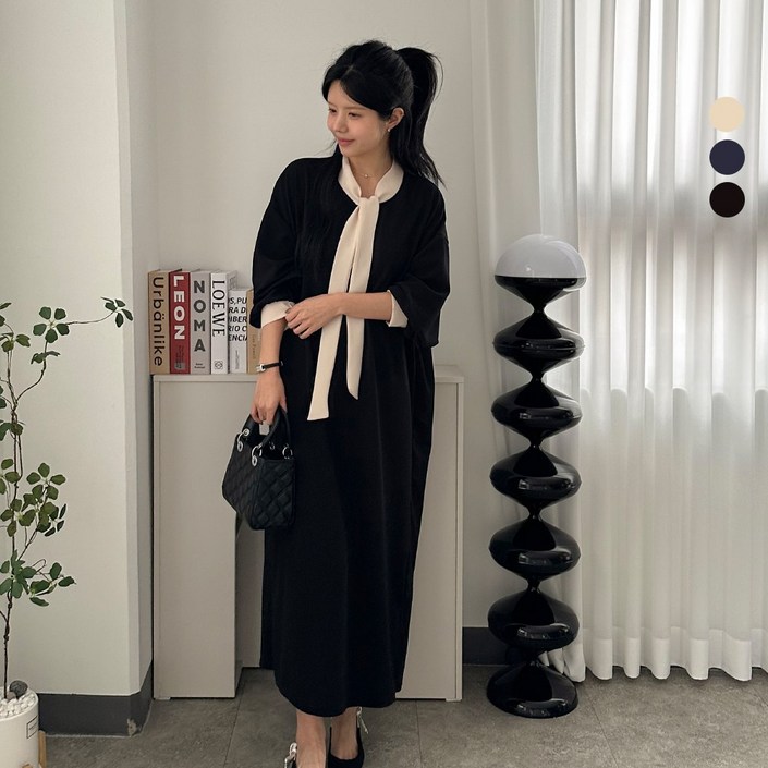 디테일웨어 여성 타이넥 긴팔 원피스 빅사이즈 무지원피스 임부복 간절기 편한 롱원피스 단정한 오피스 원피스