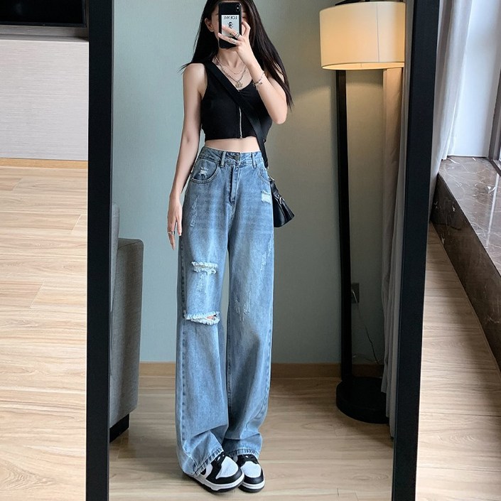 꾸꾸지민 찢어진 청바지 와이드 여성 데님팬츠 꾸꾸지민 찢어진 청바지 와이드 여성 데님팬츠
