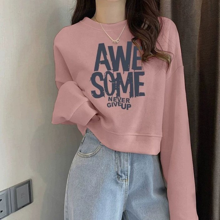 여자 긴팔 맨투맨 패션 슬림핏 라운드 상의 캐주얼 크롭 티셔츠 루즈핏 YMY