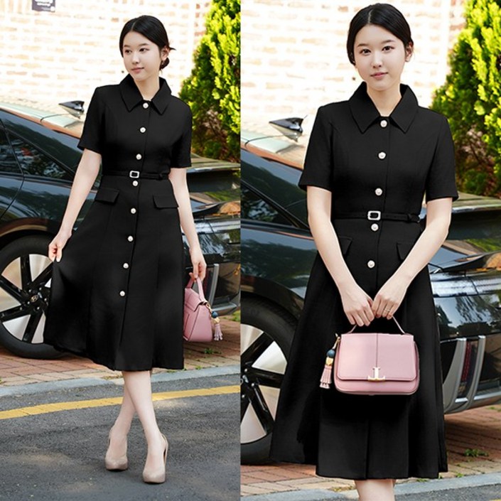 비비디아 2025 여름 신상 여성 정장 슬림핏 벨트 롱 원피스 하객룩 오피스룩 허리라인강조벨트포함5484