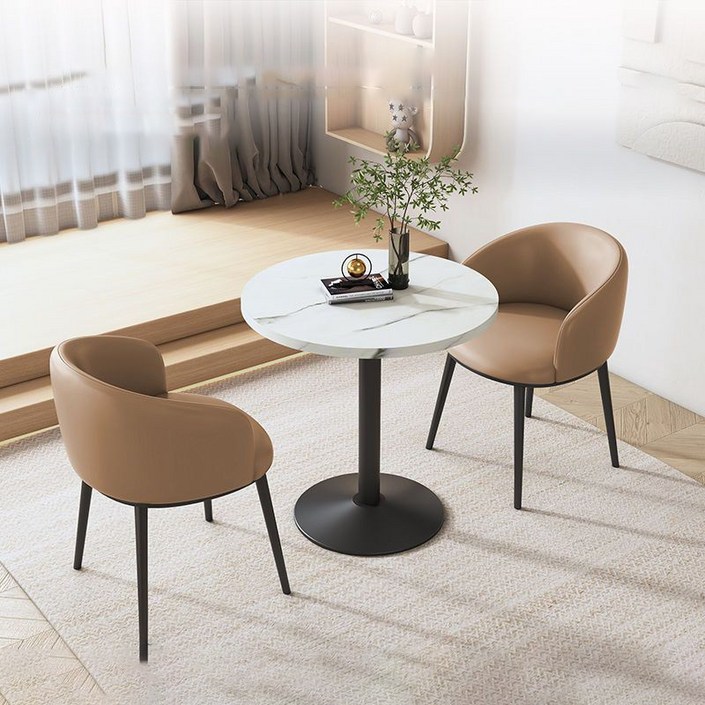 2인용 원형 티테이블 세트 카페테이블 원형식탁세트, 갈색 1테이블 2의자인조 대리석 테이블가죽 스타일
