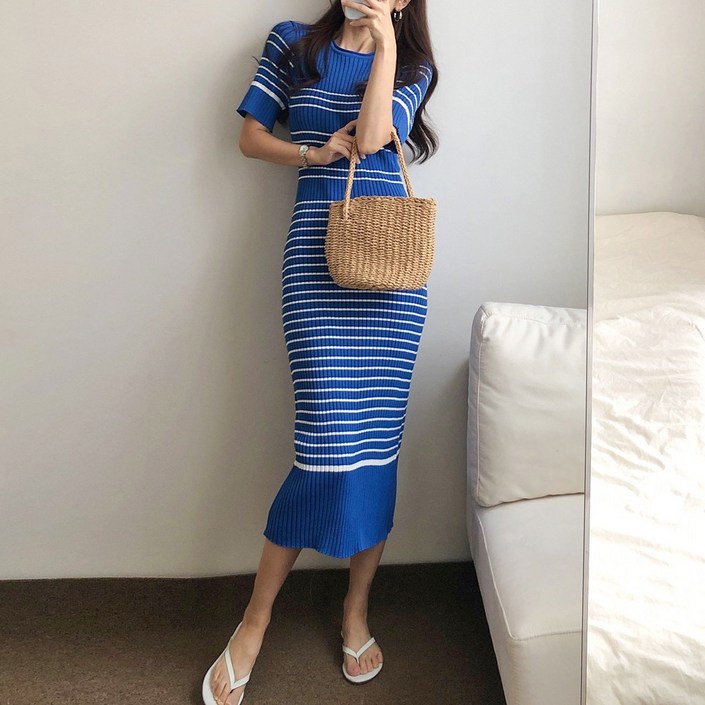 요시아나 당일발송 썸머 브리즈 슬림핏 골지 니트 롱 원피스 2컬러