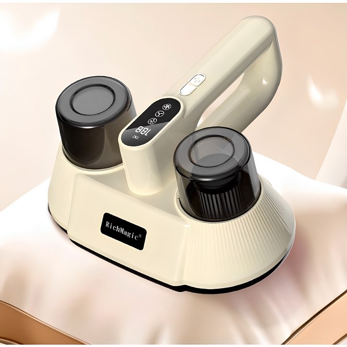 국내발송RichMagic UV 진드기 이불 집먼지 청소 강흡력 자외선살균청소기 더블컵 진드기 퇴치 침구용 무선 살균기 침구청소기, 베이지