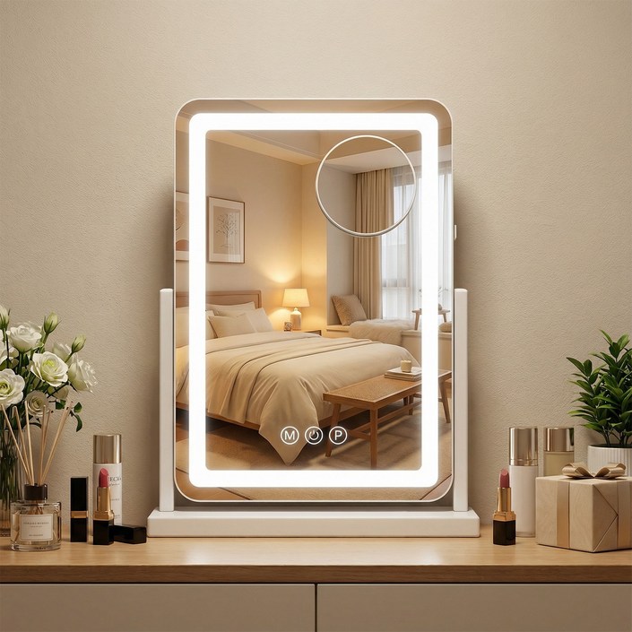 안토크 LED 메이크업 거울 스마트 원터치 360도 화전 3컬러 100단 조명 화장대거울 탁상거울 충전식 USB 가능