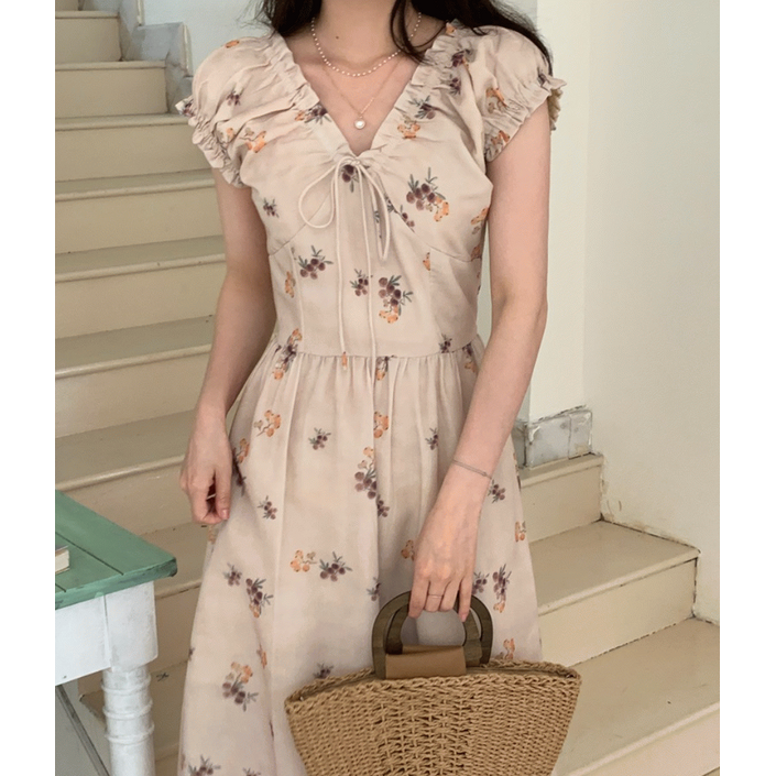 Banhany 피어슨 빈티지 브이넥 스트링 리본 플라워 플리츠 롱 원피스