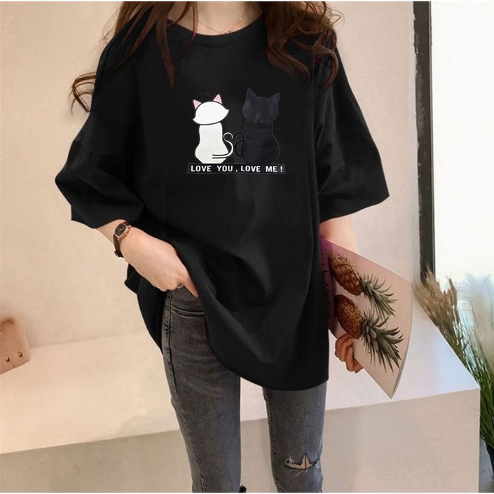 오늘발송 스타일아유 여성 고양이 오버핏 반팔 롱 티셔츠