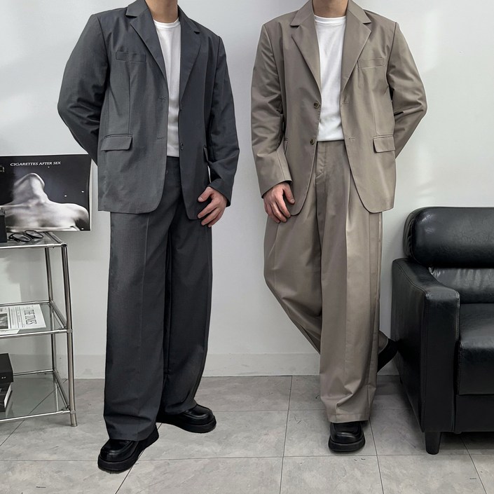 프리미엄SET 오버핏 블레이저 셋업 와이드 수트 세트 마이 정장 자켓 하객룩 벌룬 세미 TR