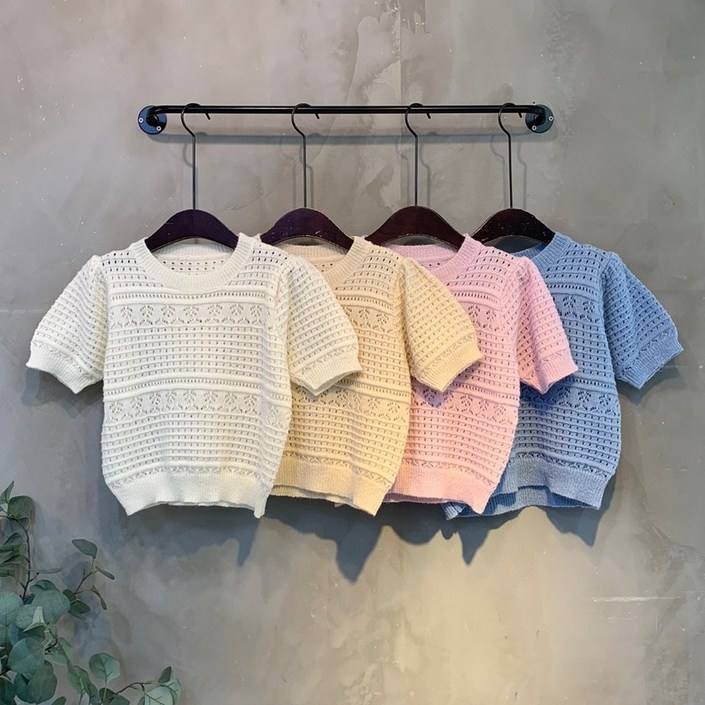 (신상,무료배송)노라 퍼프 펀칭 크롭 반팔 니트 4color C
