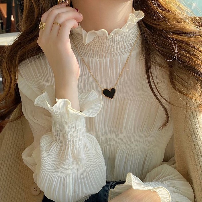 해피유통 여성 레이스 이너 봄가을 신상 블라우스 프릴 긴팔셔츠 톱 jhlmy