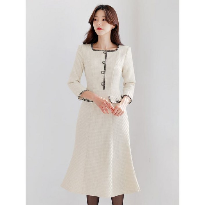 시크라인XXL까지 레미수 배색 머메이드 트위드 원피스 겨울 하객룩 오피스룩 모임룩 격식룩 상견례 빅사이즈