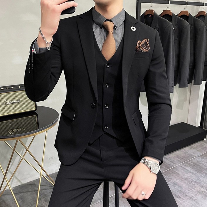 수트 정장세트 남성 정장 남자 세미 캐주얼 셋업 수트 하객룩 면접 결혼식 3랙 3피스코트조끼바지 양복