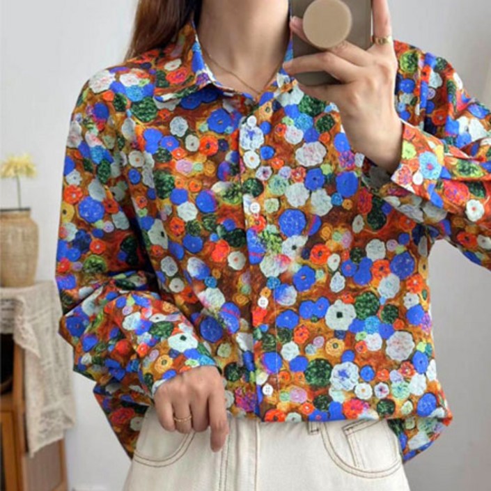 여성 프린트 셔츠남방 봄 플라워 셔츠 빅사이즈 블라우스 오버빗 패턴 남방자켓