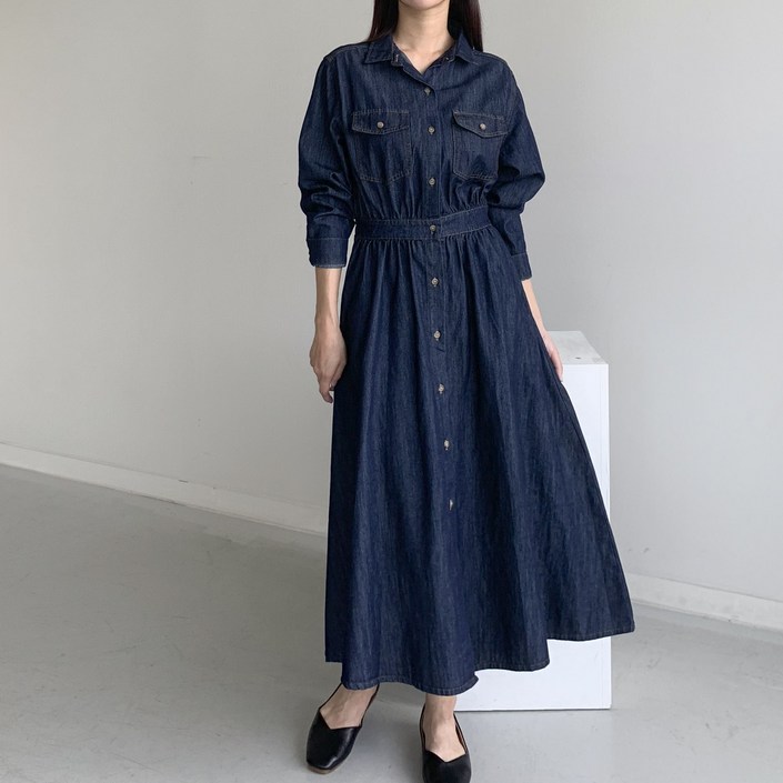 행복여 피코 포켓 허리 셔링 뒷 밴딩 데님 셔츠 청 원피스