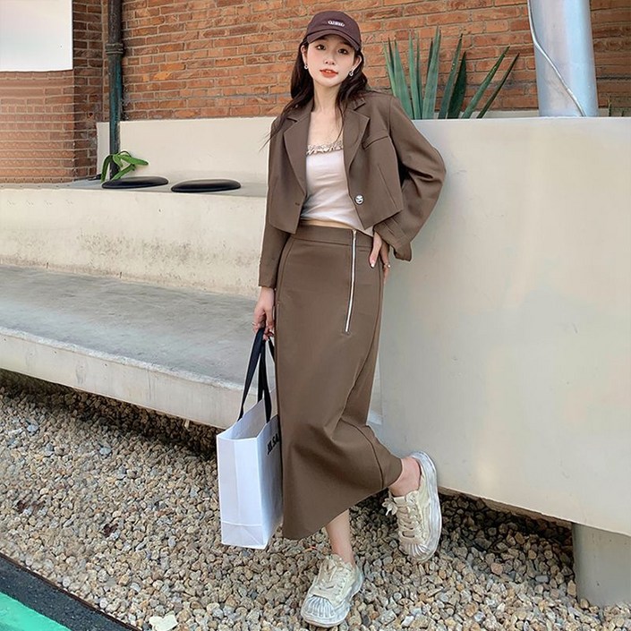 COSYEVNO 여성 정장 세트 봄 가을 솔리드 지퍼 트임 자켓스커트 투피스