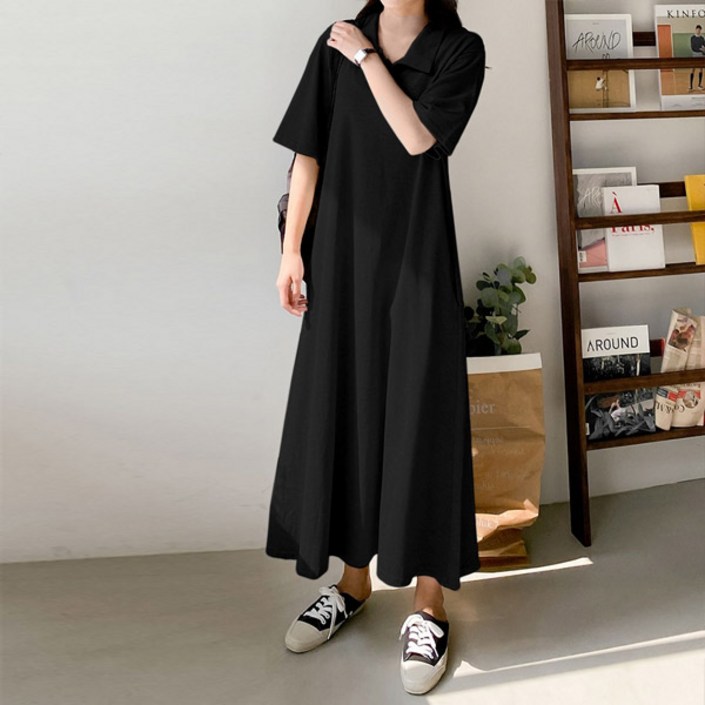 마이쏭 여성 빅사이즈 카라원피스 반팔원피스 롱원피스 A라인 피케이카라롱원피스
