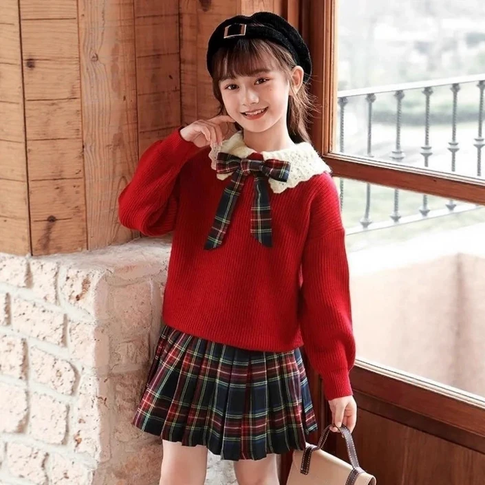 메이징키즈 주니어 여아 리본 니트 체크 치마 투피스 세트