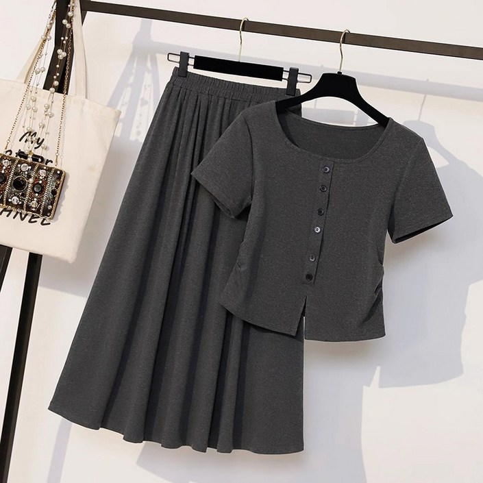 ORZQU 여름 여성 세트 스퀘어넥 단추 반팔 상의 밴딩 스커트 슬림핏 투피스