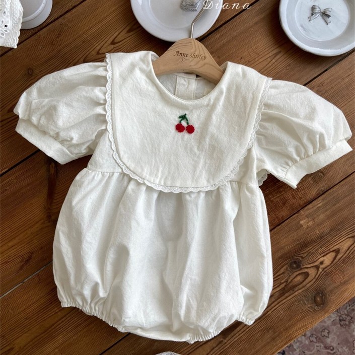 ALMXH 신생아 아기 소녀 여름 간단한 체리 자수 퍼프 슬리브 점프 슈트 솔리드 새 코튼 바디 수트 원피스 소녀 의상