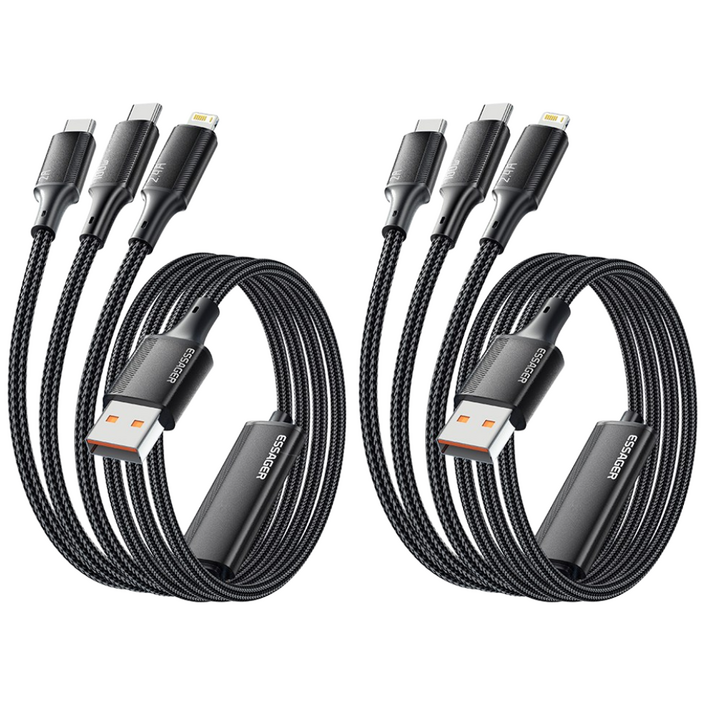 Essager 100W 7A 3in1 멀티 고속충전 케이블, 블랙, 2개, 1.2m