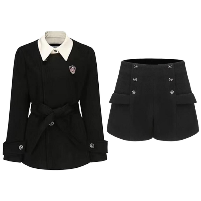 COSYEVNO 여성 춘추 세트 투피스 벨티드 더블버튼 자켓 숏팬츠 CXJf06