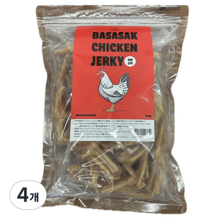 바삭하개 국산 강아지 수제간식 대용량 육포 져키, 4개, 600g, 닭발 스틱