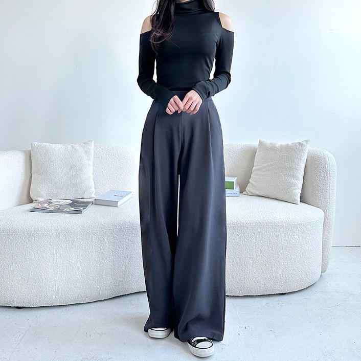 잘빠진 여성용 2단기장 이즈 핀턱 밴딩 와이드 스판슬랙스