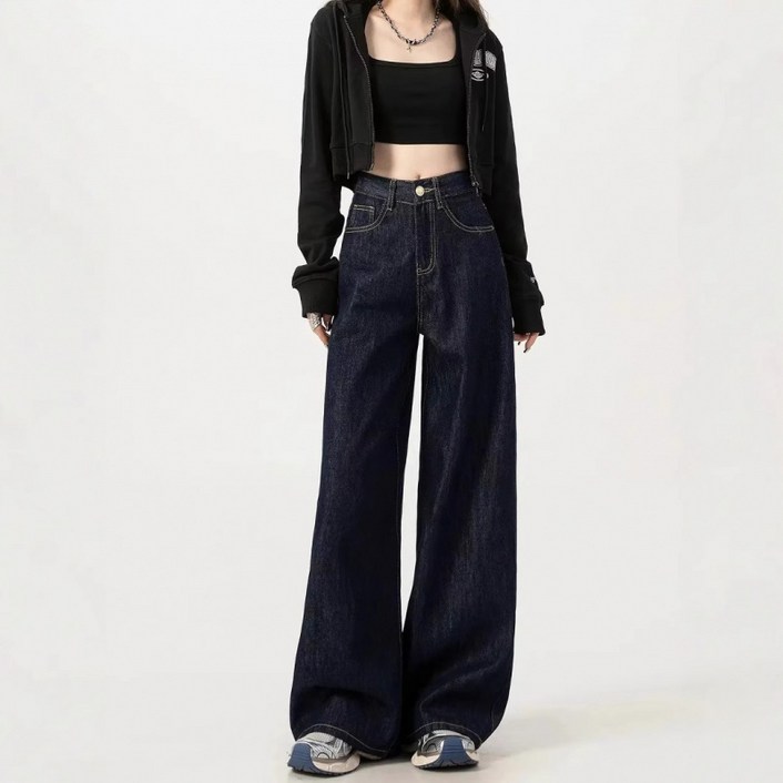 SAHINER 여성 캐주얼 하이웨이스트 와이드 데님 팬츠 LWBNZ46