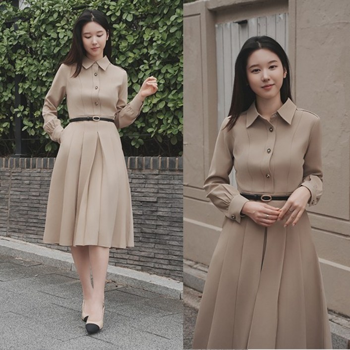 비비디아 여성용 벨트 A라인 플리츠 셔츠 긴팔 원피스 베이지 하객룩 오피스룩 5560