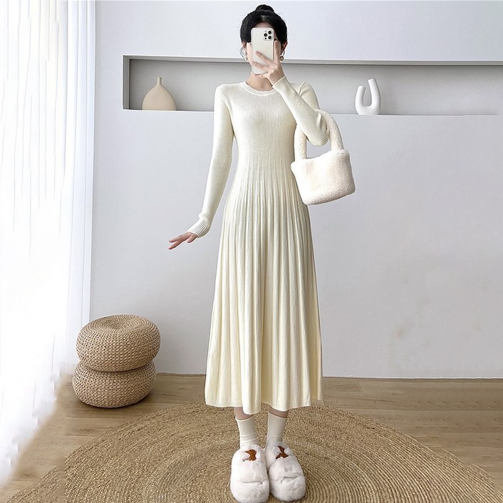 베스트셀러 지고다그 여성용 슬림핏 신축성 좋은 라운드넥 주름 롱기장 니트 원피스 YY33842