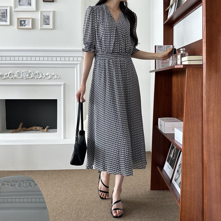 MASUN 여성 반팔 쉬폰원피스 롱 얇은 브이넥 원피스