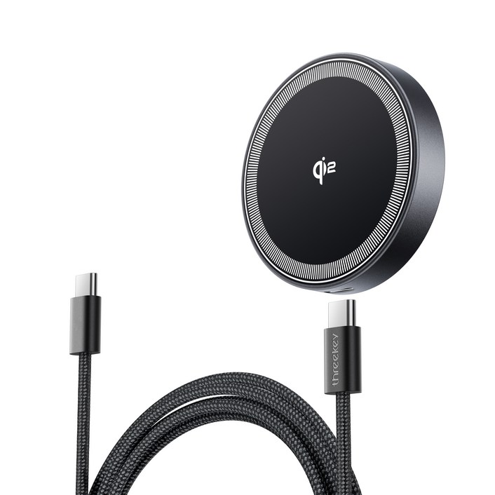 THREEKEY 맥세이프 무선 충전기 15W 초고속 충전기 호환 Qi2 마그네틱 무선충전기 휴대용 차량용충전기 슬림 디자인, 블랙2.0, 1개