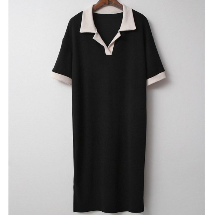 NewCare 여성 롱원피스 배색 카라원피스 h라인 스판 데일리 여름 반팔원피스