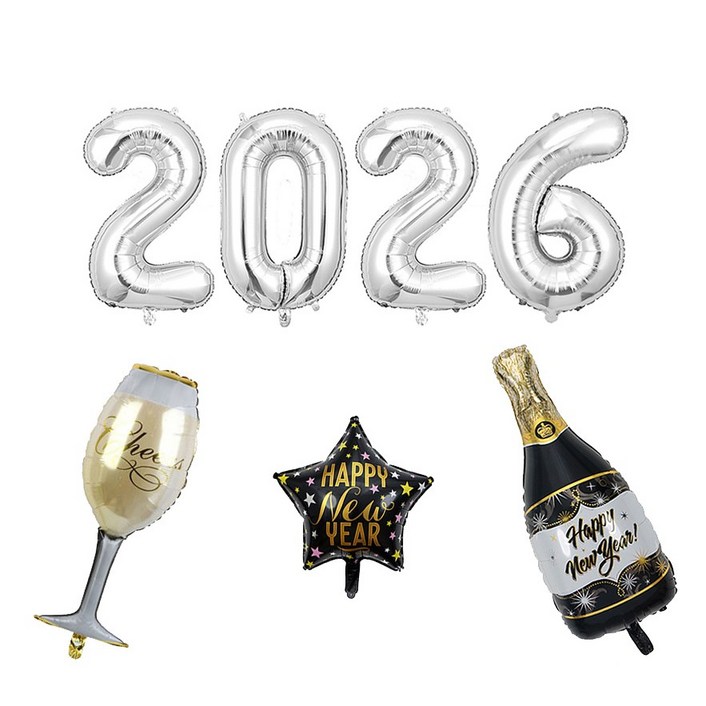 올리브파티 2026 초대형 풍선 샴페인 신년 파티 용품 세트 패키지, 1세트, 2026대형샴페인실버