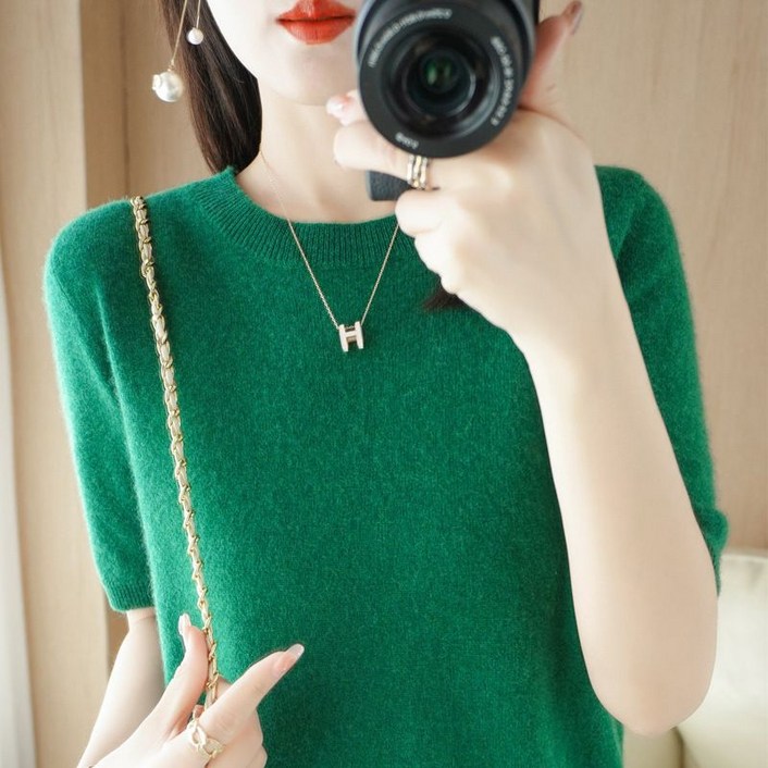 티류으스 여성 봄가을 오버핏 라운드넥 반팔 니트 티셔츠  Lyw