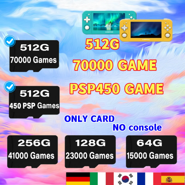 ANBERNIC TF 카드 사전 적재 게임 Sd 카드 3ds 게임큐브 메모리 카드 비디오 게임 콘솔 512G PSP 450 게임 PS1 GBC 70000 게임 RG505