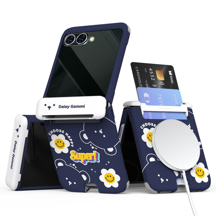 이디즌 갤럭시 Z플립 케이스 컬러 데이지 꼬미 귀여운 디자인 슬림 카드 2장 수납 힌지보호 충격방지 맥세이프 호환 자석내장