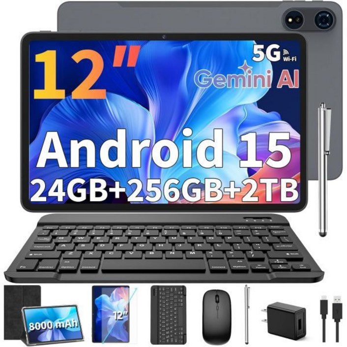 Relndoo 2025 12인치 태블릿, 24GB 816 RAM256 스토리지1TB로 확장, 키보드가 있는 안드로이드 15 옥타코어, 2K 2000x1200 디스플레이,