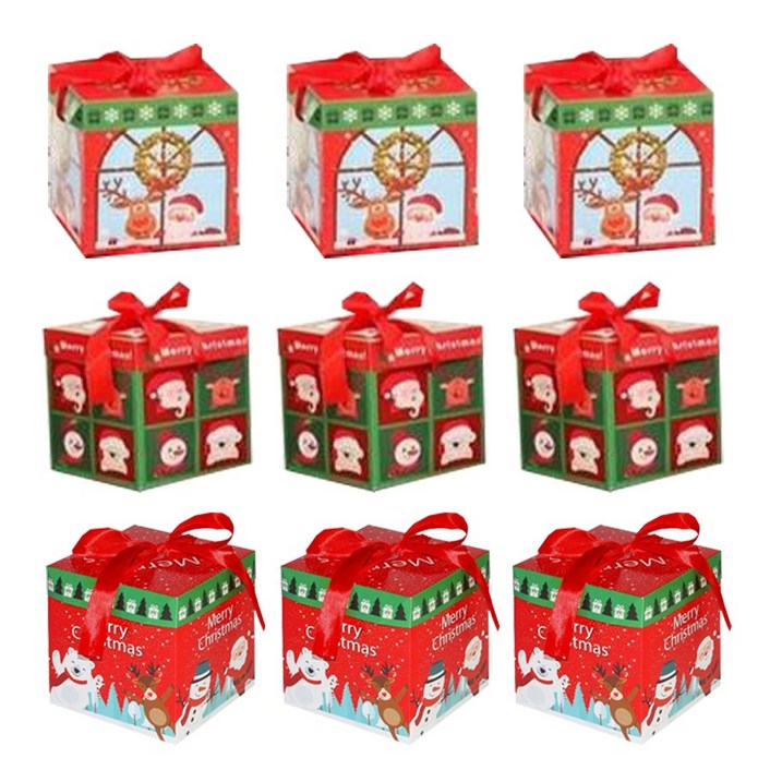 성탄절 리본 뚜껑 중사이즈 9개입 선물 포장 크리스마스 상자 박스, 1세트(9개입), 혼합색상
