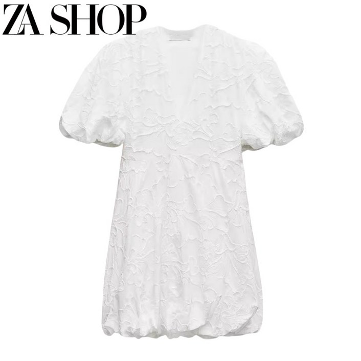 자라 원피스 벌룬 퍼프 브이넥 반팔 자수 볼륨 미니 원피스 ZARA